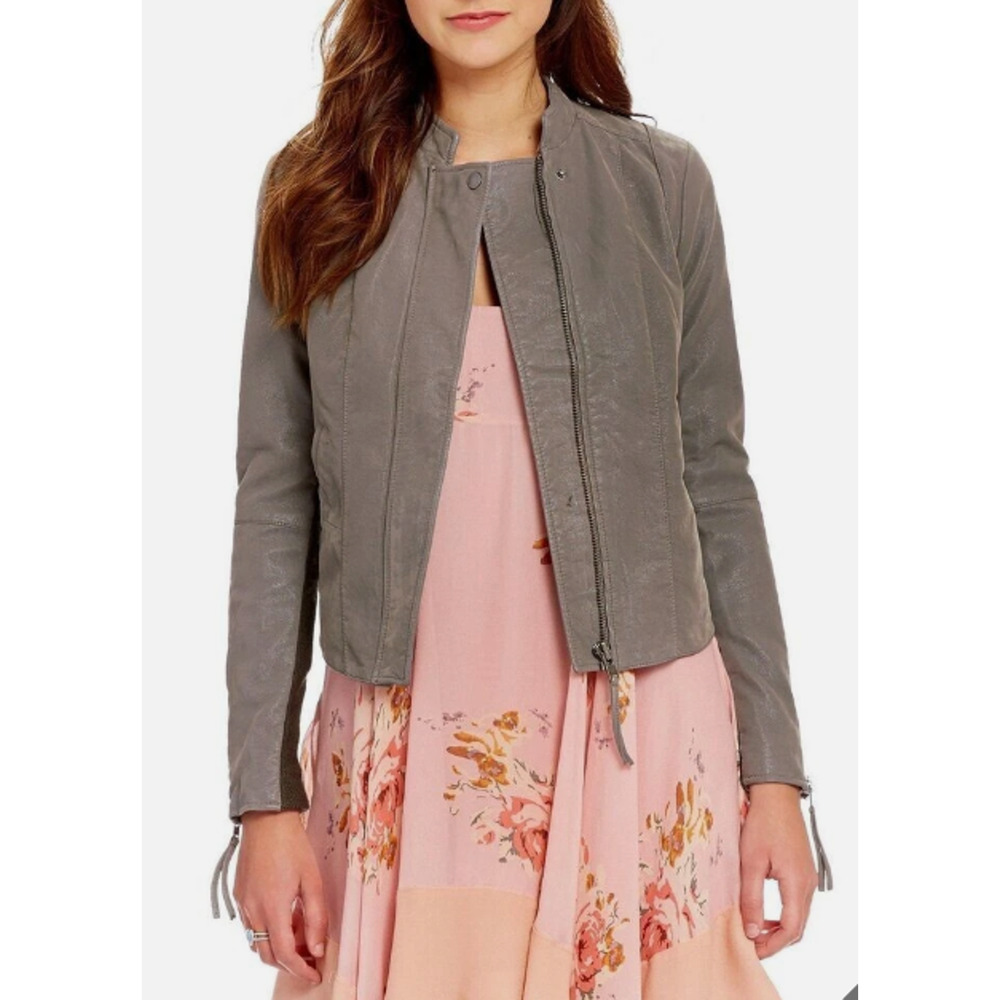 NWT FREE PEOPLE Steel Mill Gray Vegan Leather Faux Suede Moto Jacket - Size 10
